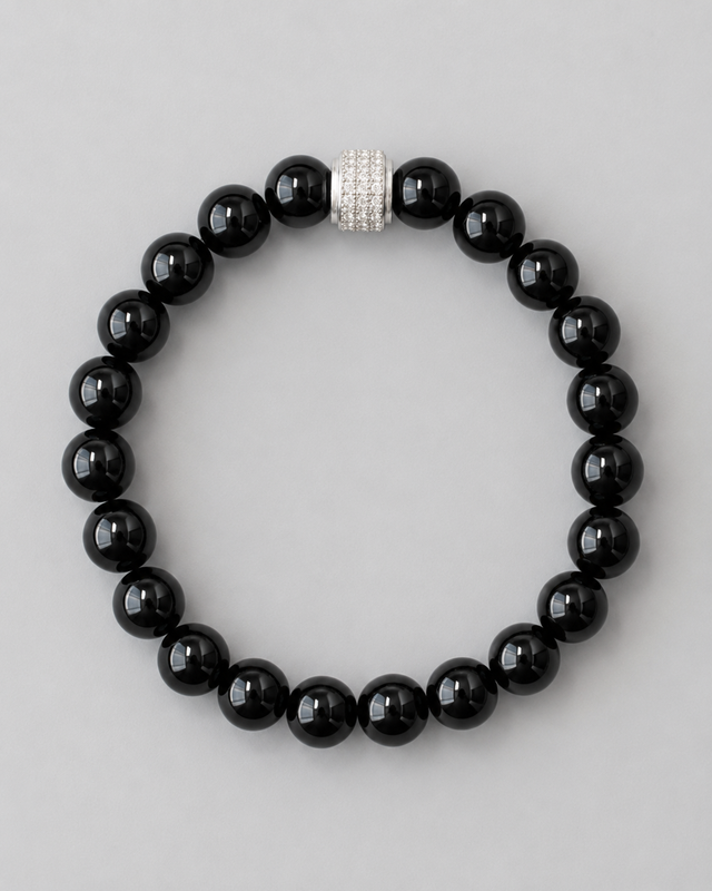 Bracelet Onyx Noir et Plaqué Or Blanc