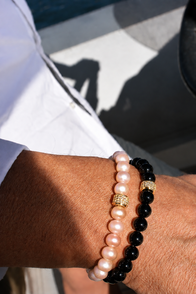 Bracelet pour Homme en Perles Roses et Onyx