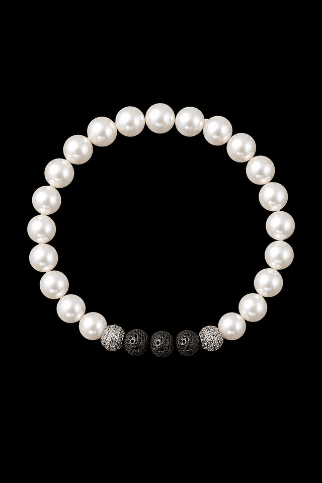 Bracelet Eclipse Perles d'eau douce & Pierre de Lave - Or Blanc - NEIJE