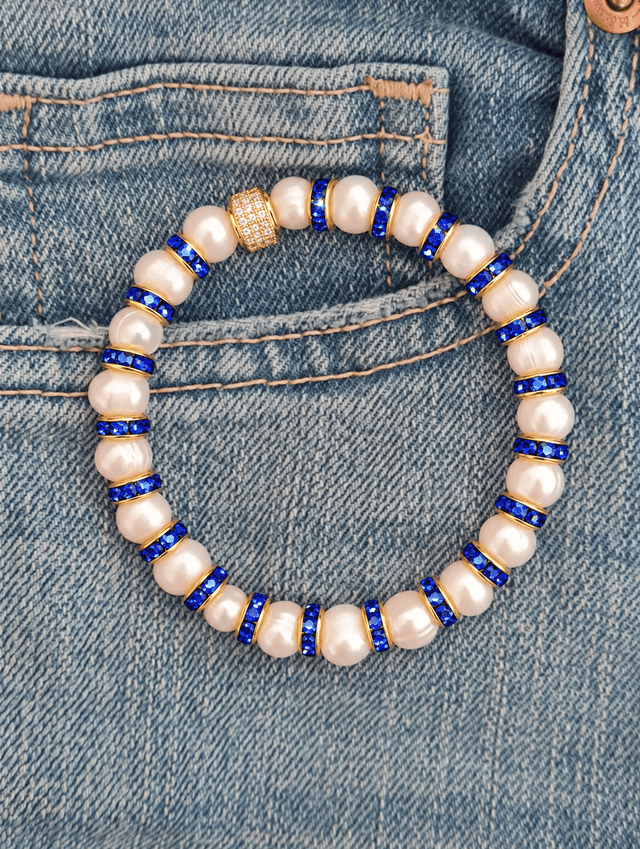 Parure Collier & Bracelet Perles de Culture Blanches avec Diamants Bleus - Madame Bovary - NEIJE