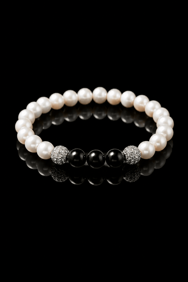 Bracelet Eclipse Perles d'eau douce & Onyx - Or Blanc - NEIJE