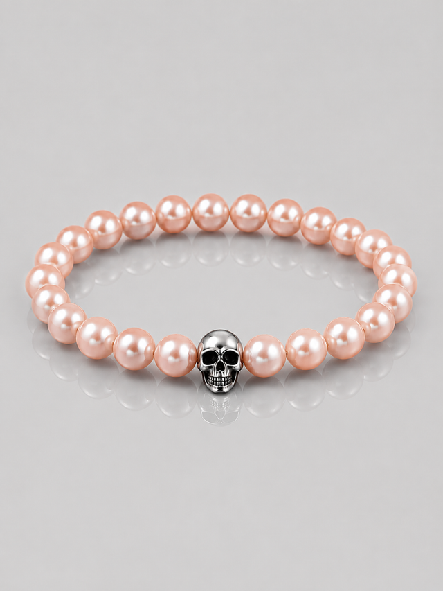 Bracelet Perles Roses et Crâne Argent - NEIJE