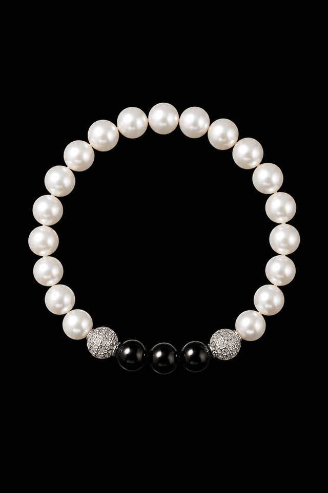 Bracelet Eclipse Perles d'eau douce & Onyx - Or Blanc - NEIJE