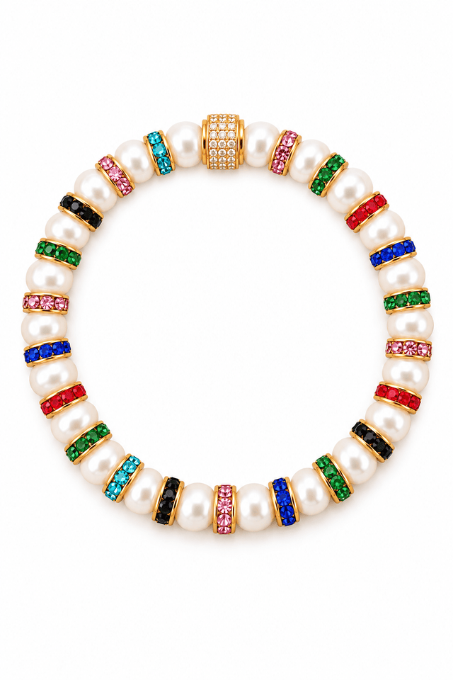Parure Collier & Bracelet Perles de Culture Blanches avec Diamants Multicolores - Madame Bovary - NEIJE