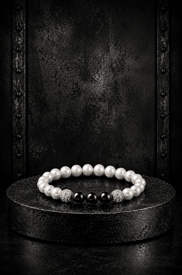 Bracelet Eclipse Perles d'eau douce & Onyx - Or Blanc - NEIJE