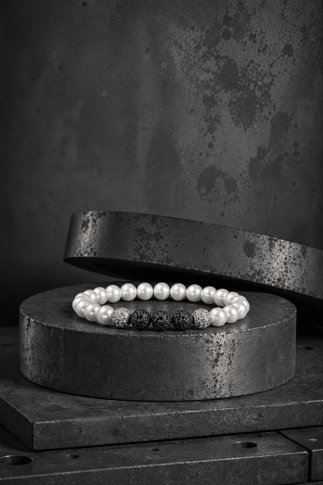 Bracelet Eclipse Perles d'eau douce & Pierre de Lave - Or Blanc - NEIJE