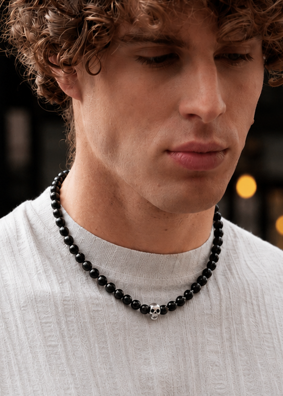 Collier Homme Perle Onyx Tête de Mort et Argent 925