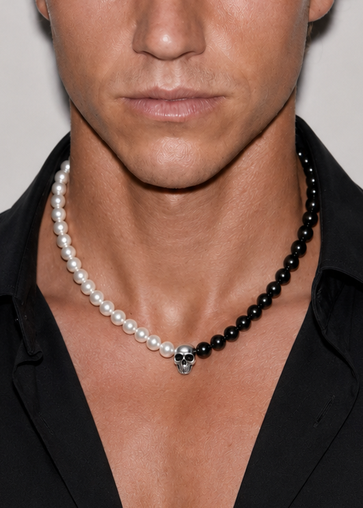 Collier Homme Perle Onyx Crâne Argent 925