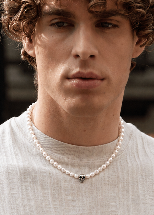 Collier Rock Homme Perle Tête de Mort en Argent 925