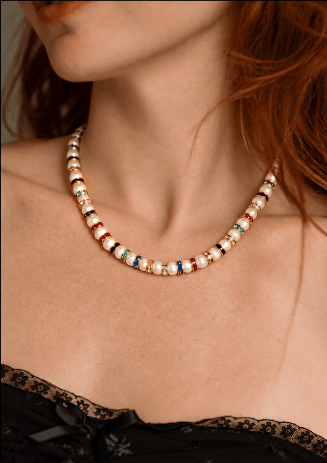 Parure Collier & Bracelet Perles de Culture Blanches avec Diamants Multicolores - Madame Bovary - NEIJE
