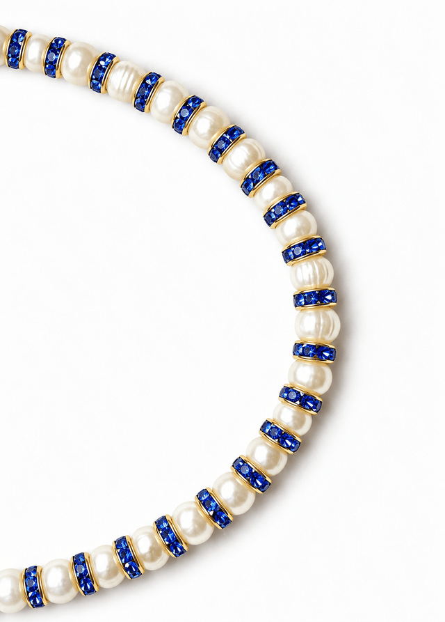 Parure Collier & Bracelet Perles de Culture Blanches avec Diamants Bleus - Madame Bovary - NEIJE