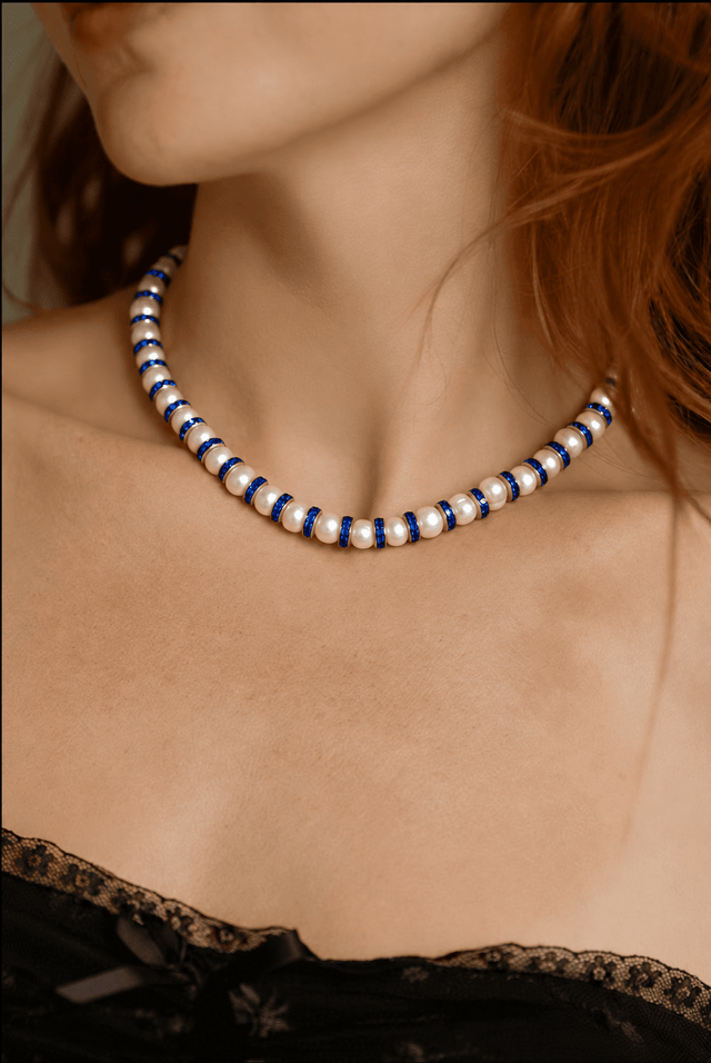 Parure Collier & Bracelet Perles de Culture Blanches avec Diamants Bleus - Madame Bovary - NEIJE