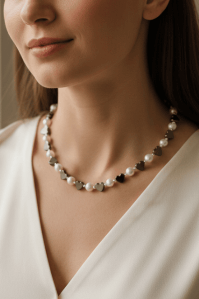 Collier Sacré - Coeur Perles de Culture et Hématite - NEIJE