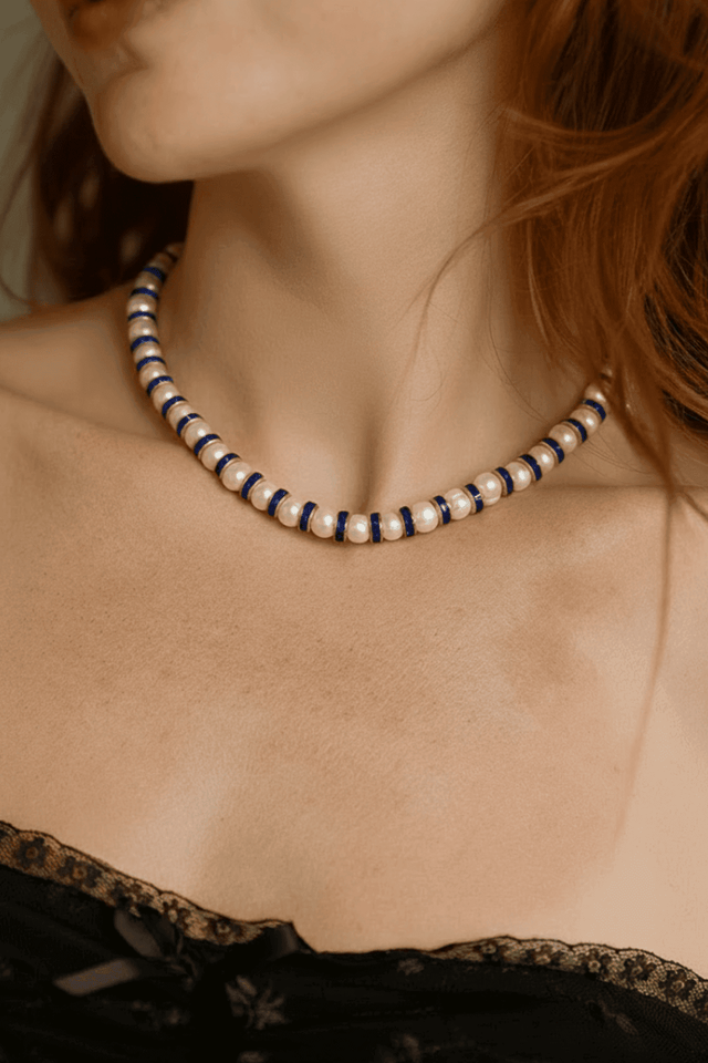 Parure Collier & Bracelet Perles de Culture Blanches avec Diamants Bleus - Madame Bovary - NEIJE