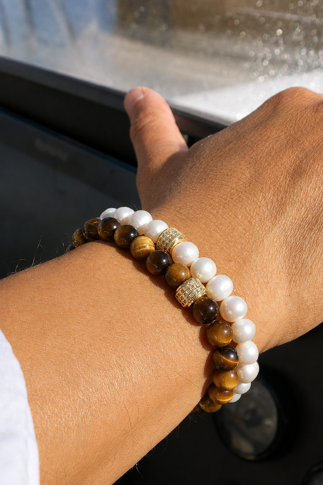 Duo Bracelets Homme Oeil de Tigre et Perles d'eau douce