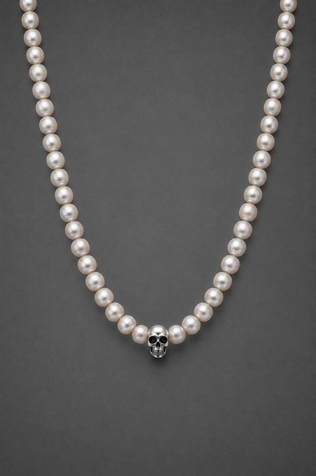 Men's Freshwater Pearl Necklace with Silver Skull Bead - NEIJE
