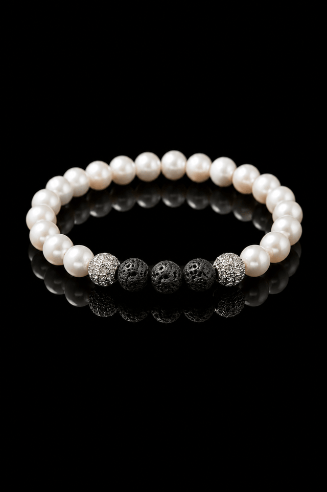 Bracelet Eclipse Perles d'eau douce & Pierre de Lave - Or Blanc - NEIJE