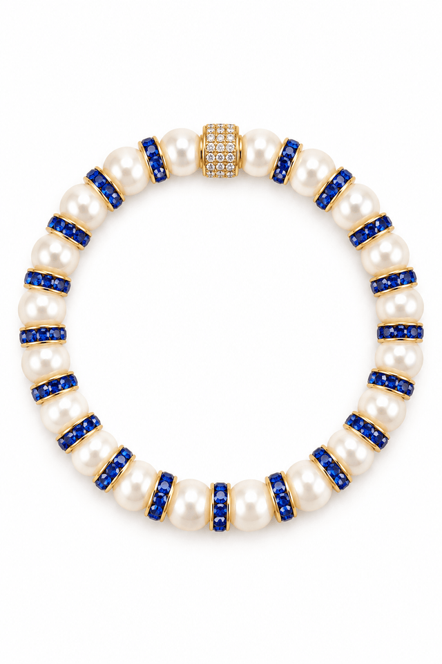 Parure Collier & Bracelet Perles de Culture Blanches avec Diamants Bleus - Madame Bovary - NEIJE