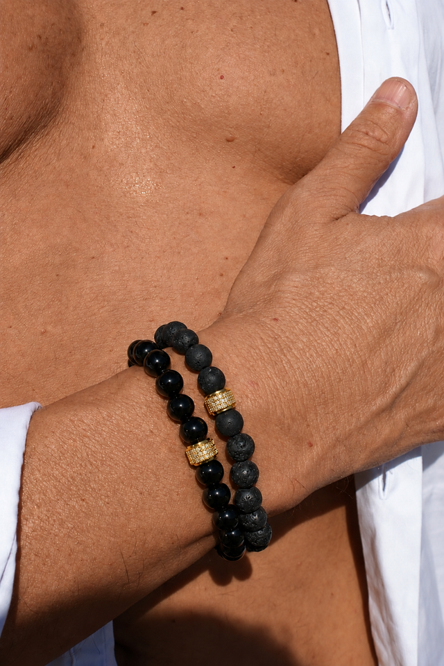 Bracelet Pierre de Lave et Onyx en Or pour Homme
