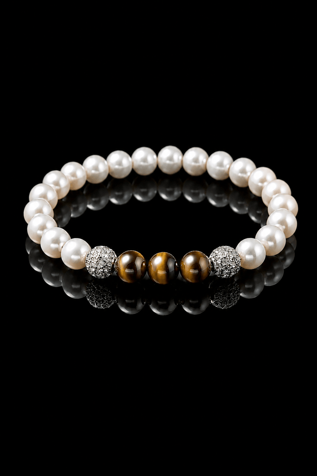 Bracelet Eclipse Perles d'eau douce & Oeil de Tigre - Or Blanc - NEIJE