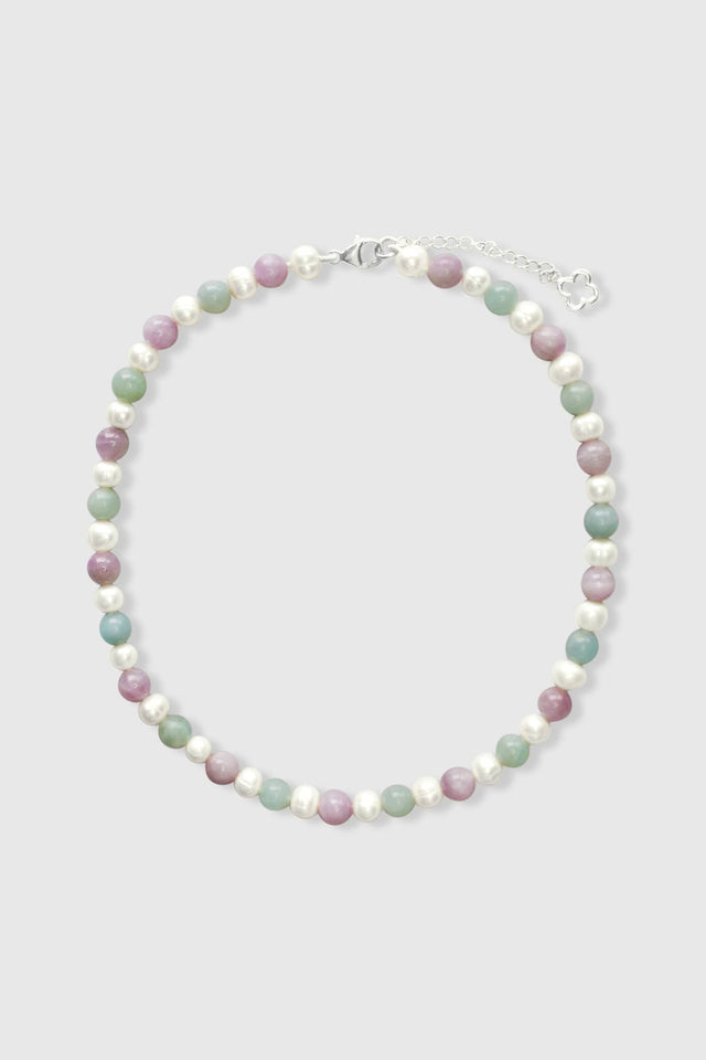 Collier bonbon en perles de culture, aigue marine et kunzite