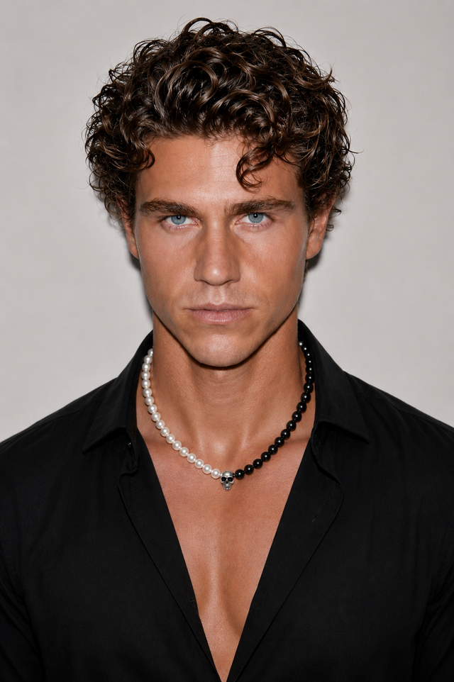 Collier Homme Perle Onyx Crâne et Argent 925 - NEIJE