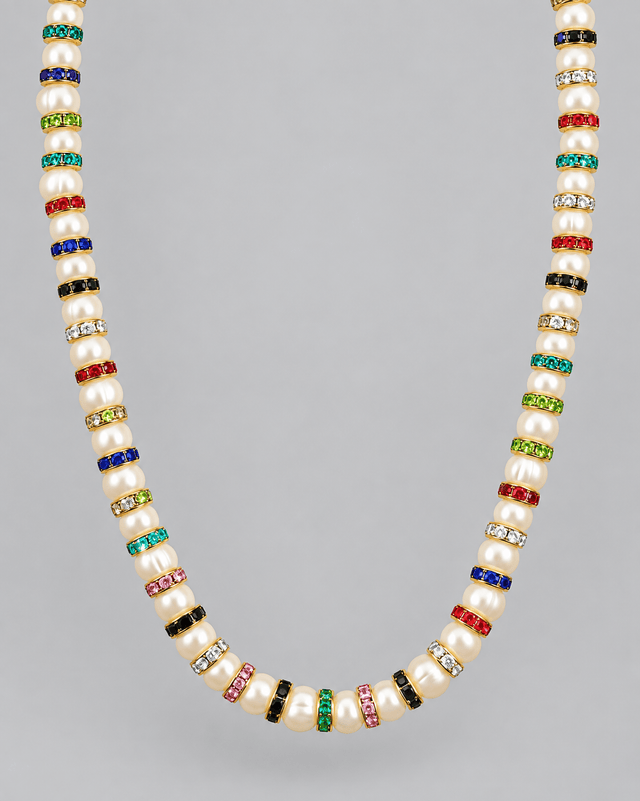Parure Collier & Bracelet Perles de Culture Blanches avec Diamants Multicolores - Madame Bovary - NEIJE