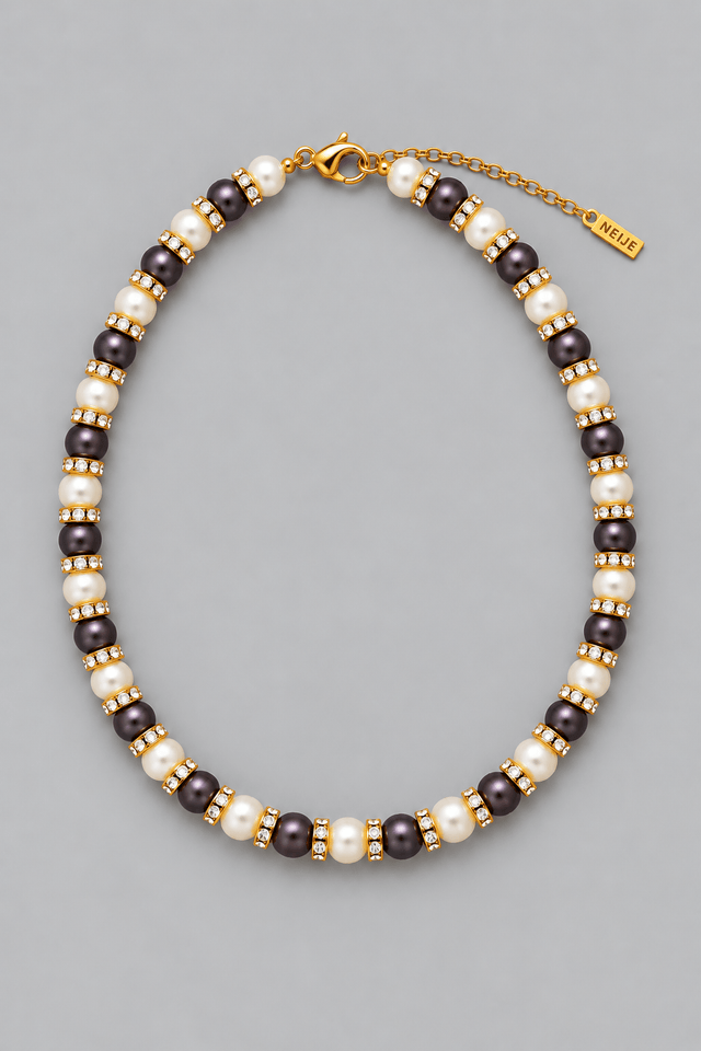 Collier Schachmatt Perles de Culture Noires et Blanches avec Diamants - NEIJE