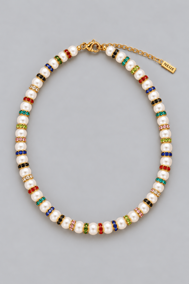 Collier Madame Bovary Perles de Culture avec Diamants Multicolores - NEIJE