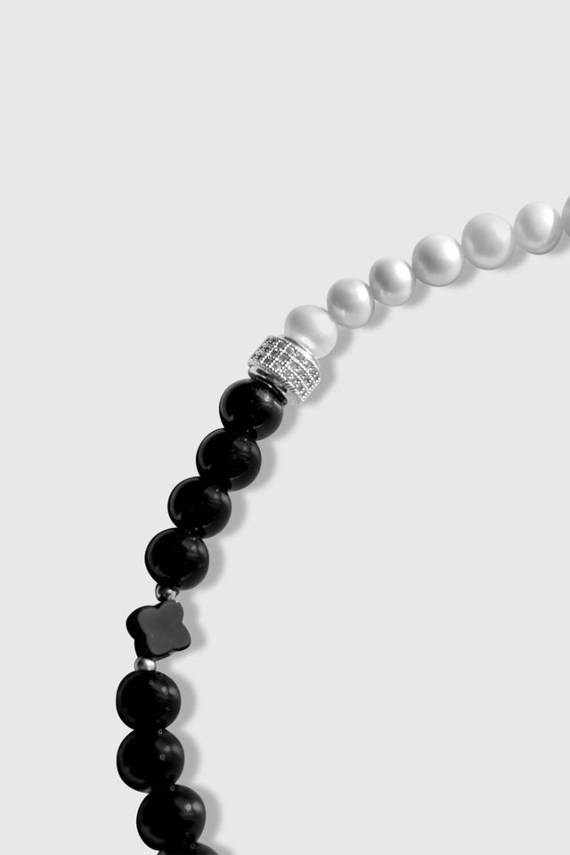 Perles d'onyx en forme de trèfle, perles de culture et plaqué or blanc