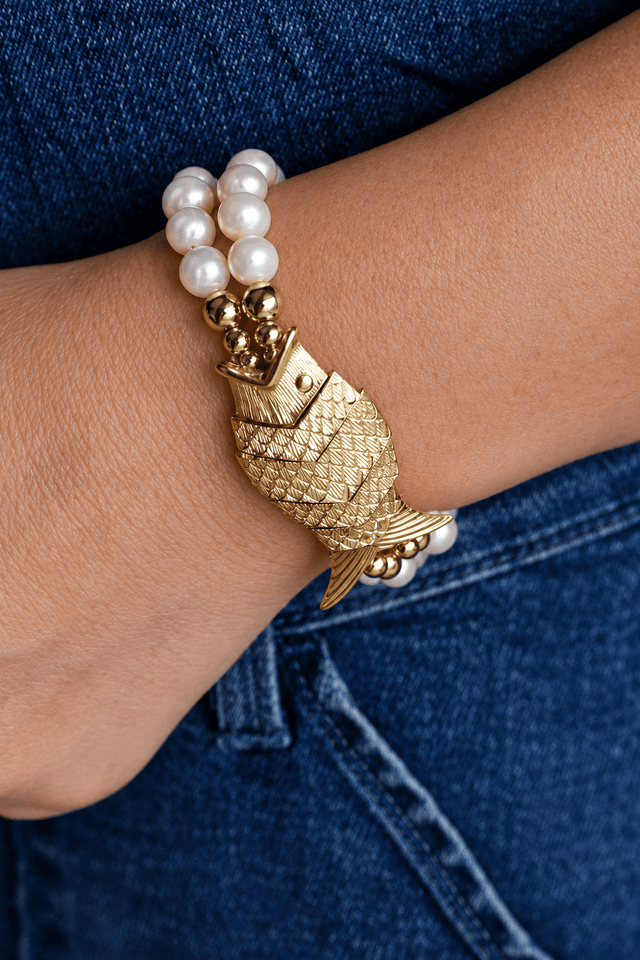 Bracelet Poisson Gefilte Perles de Culture Blanches et Or - NEIJE